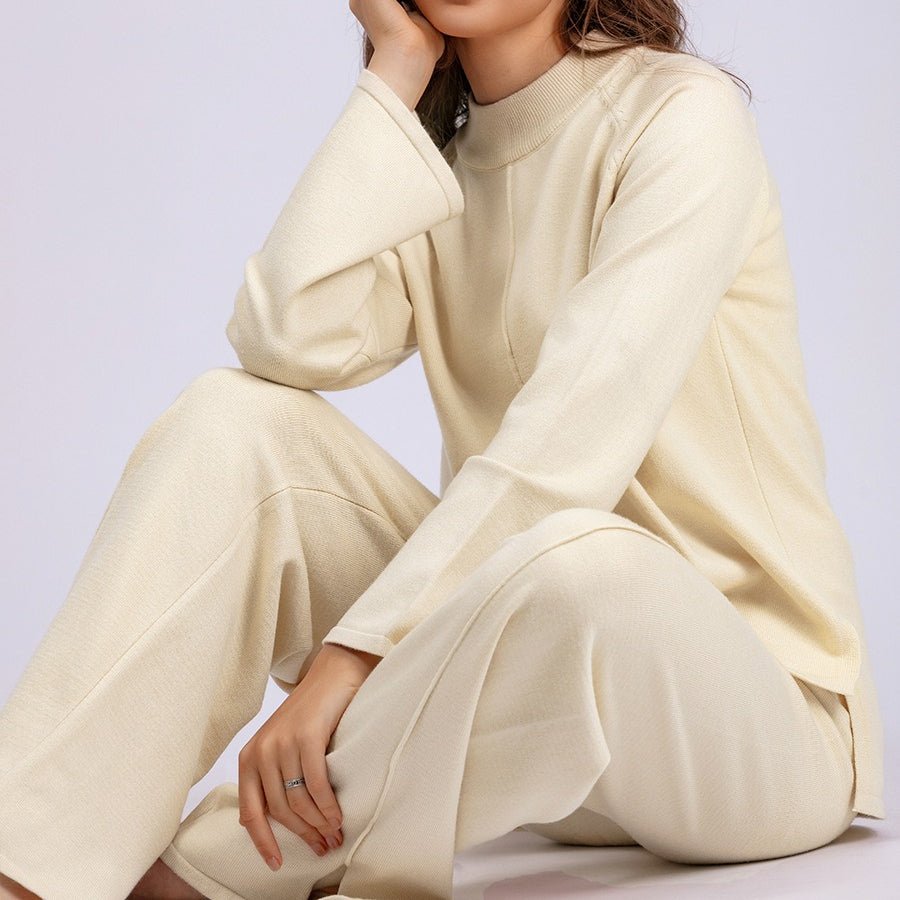 Loose Fit Solid Color Knit Two-Piece Set | Pullover Sweater & Wide Leg