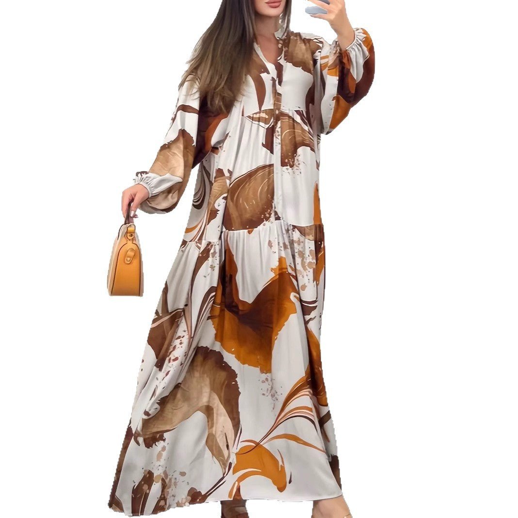 Loose Fit V-Neck Long Sleeve Dress Abaya(MA377), Brown / 4XL