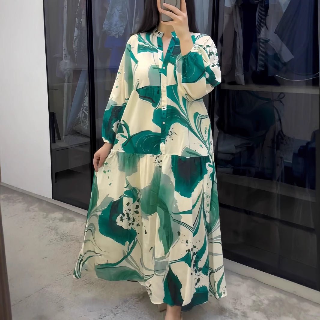 loose fitting long dresses Loose Fit V-Neck Long Sleeve Dress Abaya(MA377), Green / 3XL