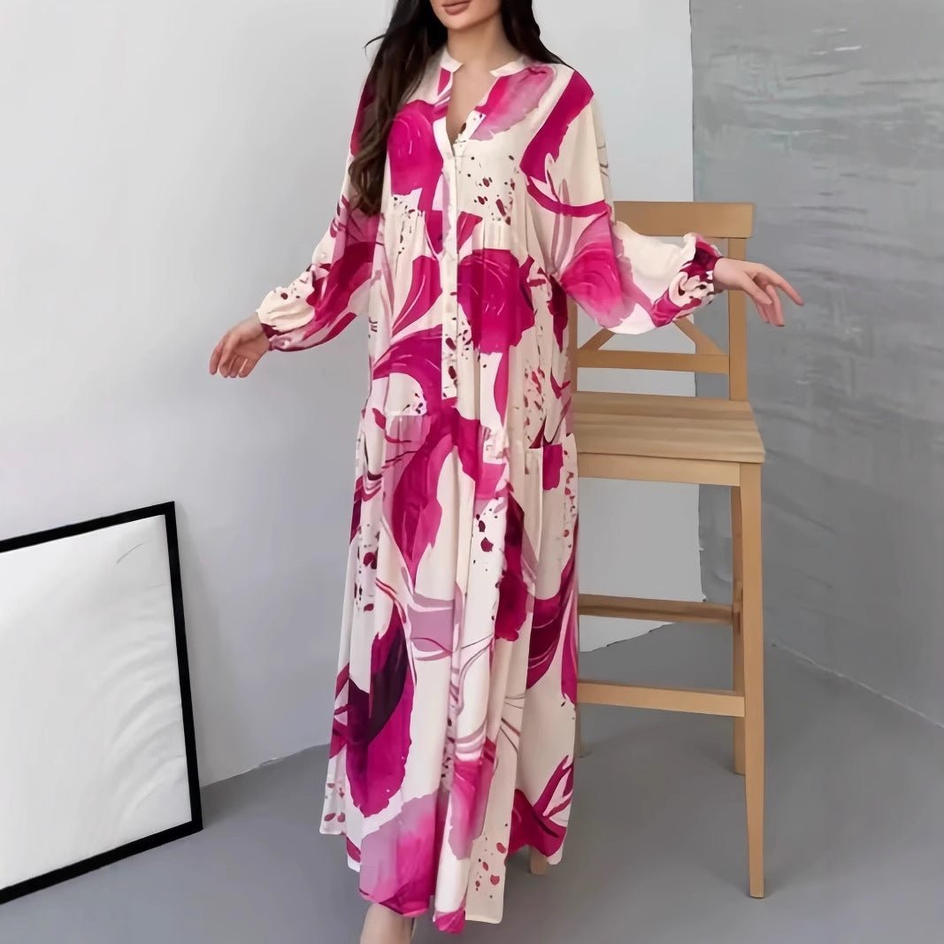 long sleeve loose fit dress Loose Fit V-Neck Long Sleeve Dress Abaya(MA377) Rose red / 2XL
