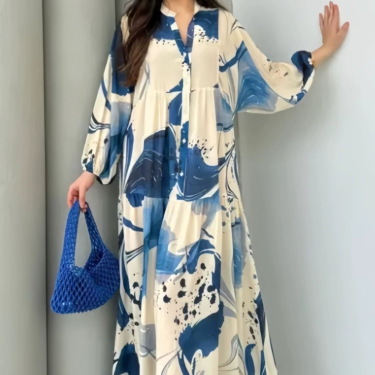 Loose Fit V-Neck Long Sleeve Dress Abaya(MA377) Blue / 2XL Loose Fit V-Neck Long Sleeve Dress Abaya(MA377) Blue / 2XL