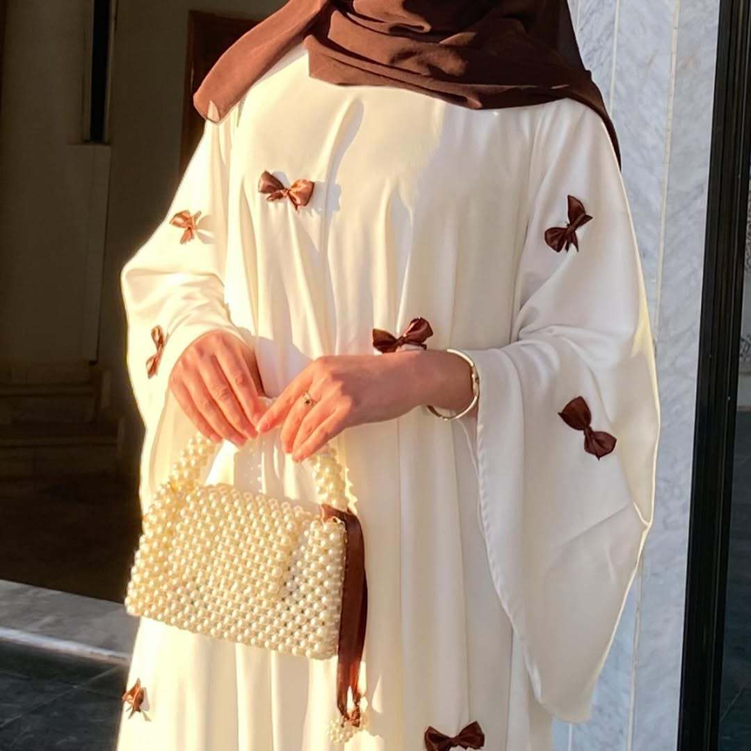 Loose Hem Long Abaya with Bell Sleeves & Butterfly Bow Detail (MA151) - Mariam's Collection
