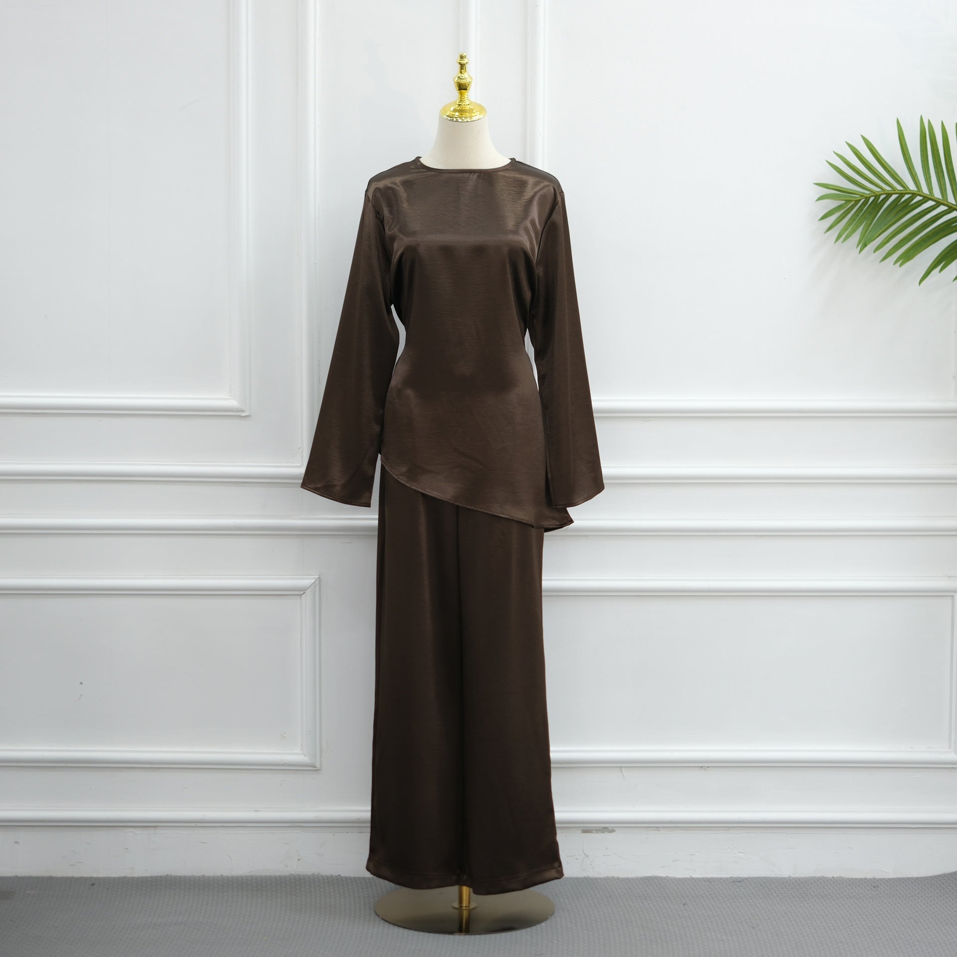 Lustrous Satin-Feel Round Neck Top & Wide-Leg Trousers Co-ord Set (MS522) - Mariam's Collection