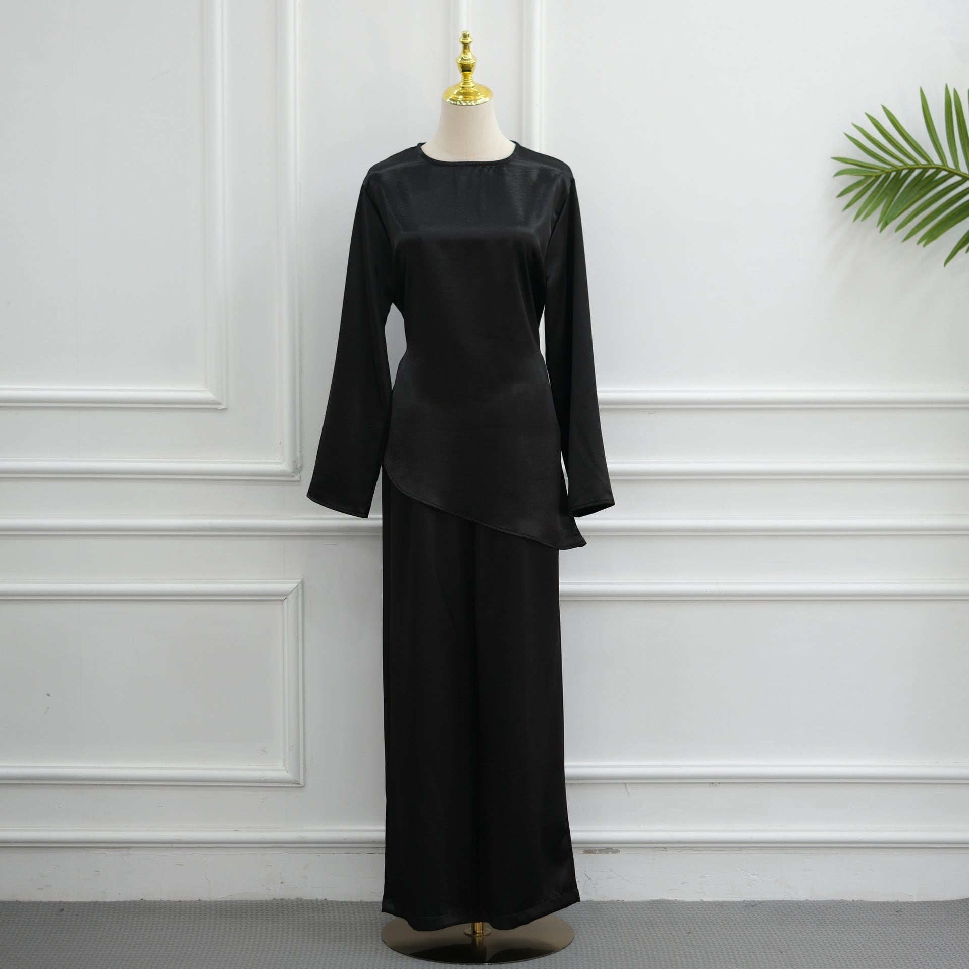 Lustrous Satin-Feel Round Neck Top & Wide-Leg Trousers Co-ord Set (MS522) - Mariam's Collection