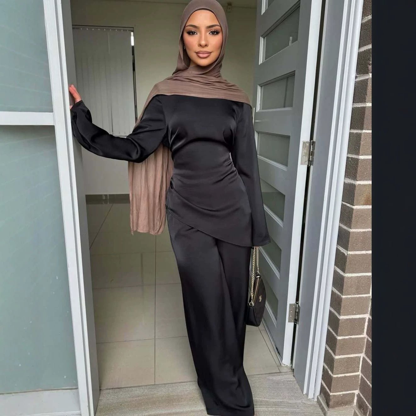 Lustrous Satin-Feel Round Neck Top & Wide-Leg Trousers Co-ord Set (MS522) - Mariam's Collection