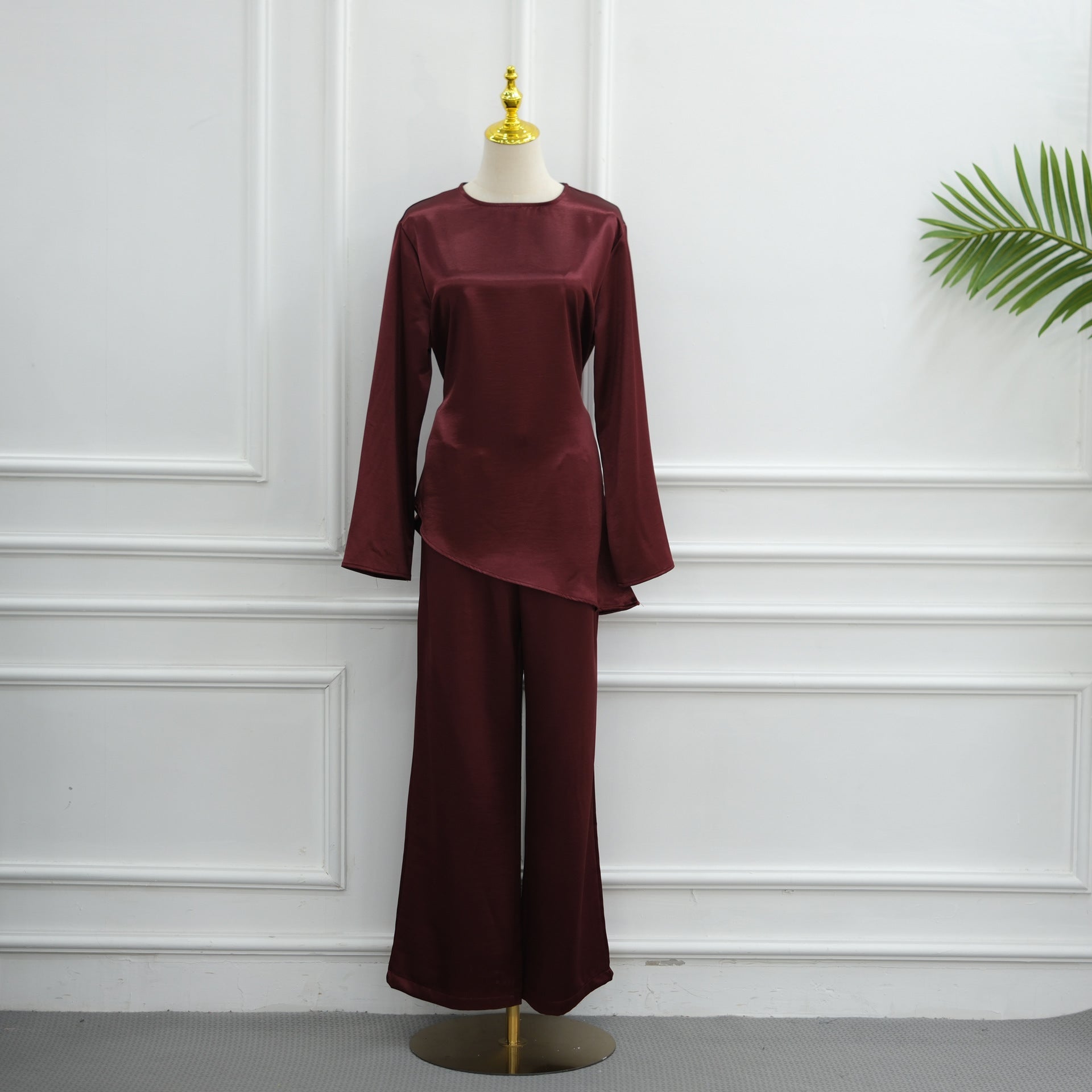 Lustrous Satin-Feel Round Neck Top & Wide-Leg Trousers Co-ord Set (MS522) - Mariam's Collection