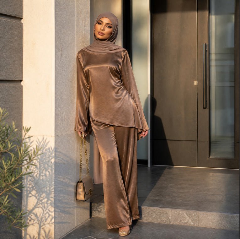 Lustrous Satin-Feel Round Neck Top & Wide-Leg Trousers Co-ord Set (MS522) - Mariam's Collection
