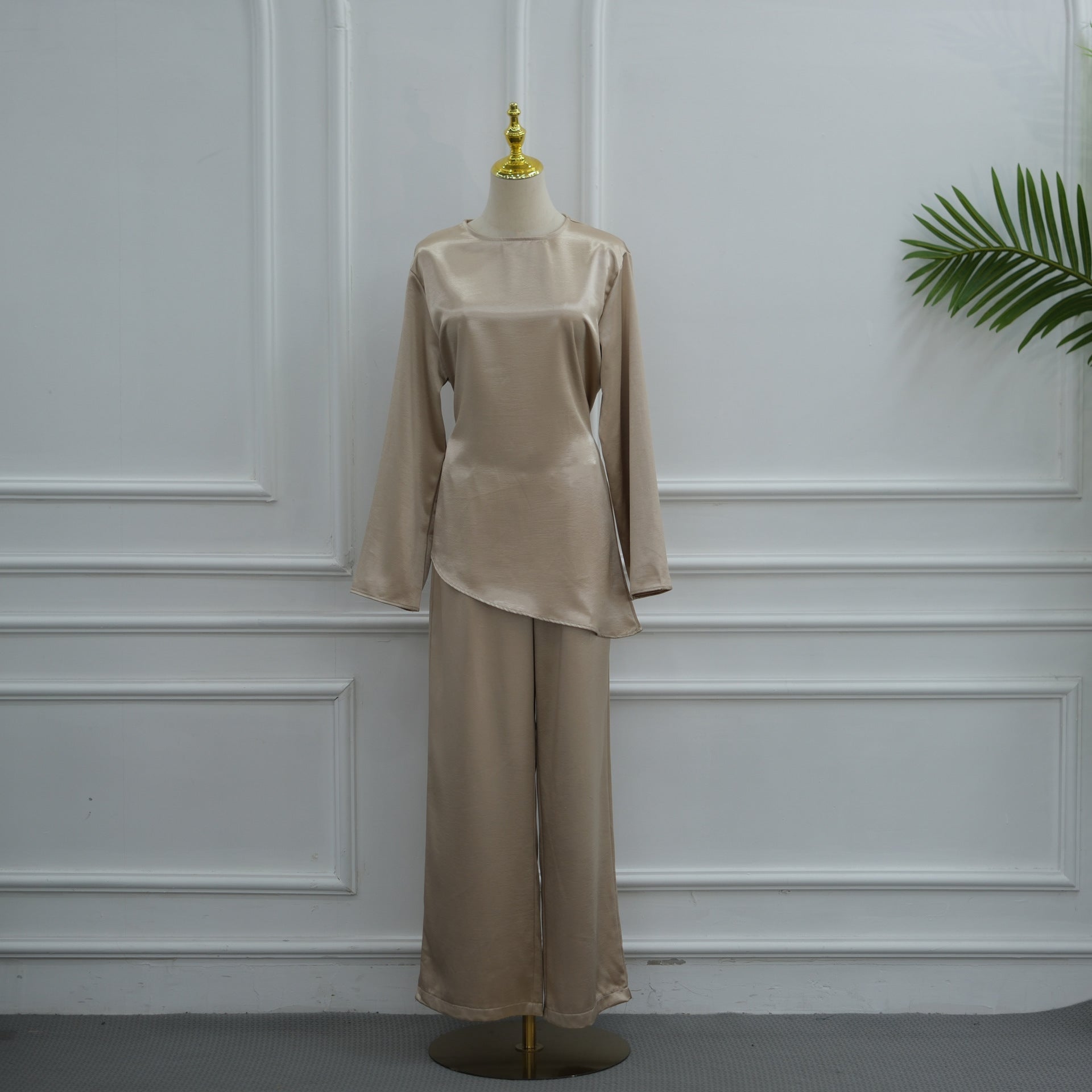 Lustrous Satin-Feel Round Neck Top & Wide-Leg Trousers Co-ord Set (MS522) - Mariam's Collection