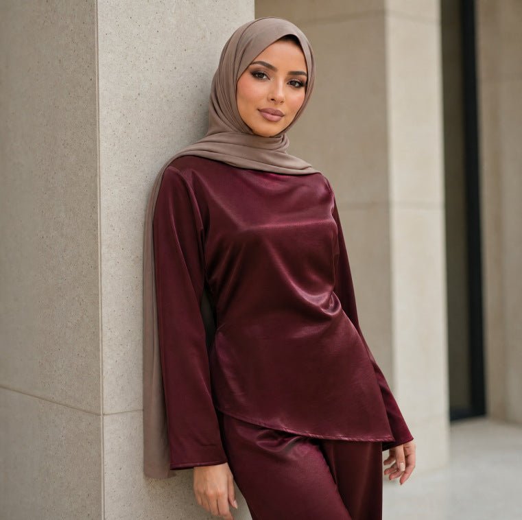 Lustrous Satin-Feel Round Neck Top & Wide-Leg Trousers Co-ord Set (MS522) - Mariam's Collection