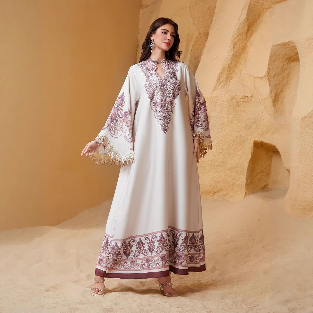Luxe Embroidered Evening Abaya | Bell Sleeve Maxi Dress with Fringe Detail(MA338), Pink / L