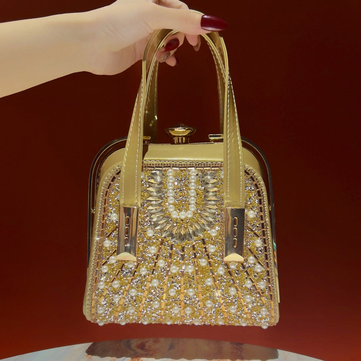 Luxe Pearl & Rhinestone Evening Clutch Bag – Crossbody Handbag with Chain Strap (MAC488) - Mariam's Collection