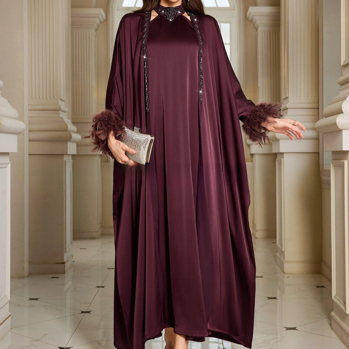 Luxe Satin Halter Dress & Feather Trim Cape Set(MOA250) - Mariam's Collection