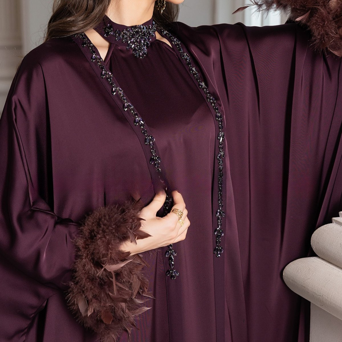 Luxe Satin Halter Dress & Feather Trim Cape Set(MOA250) - Mariam's Collection