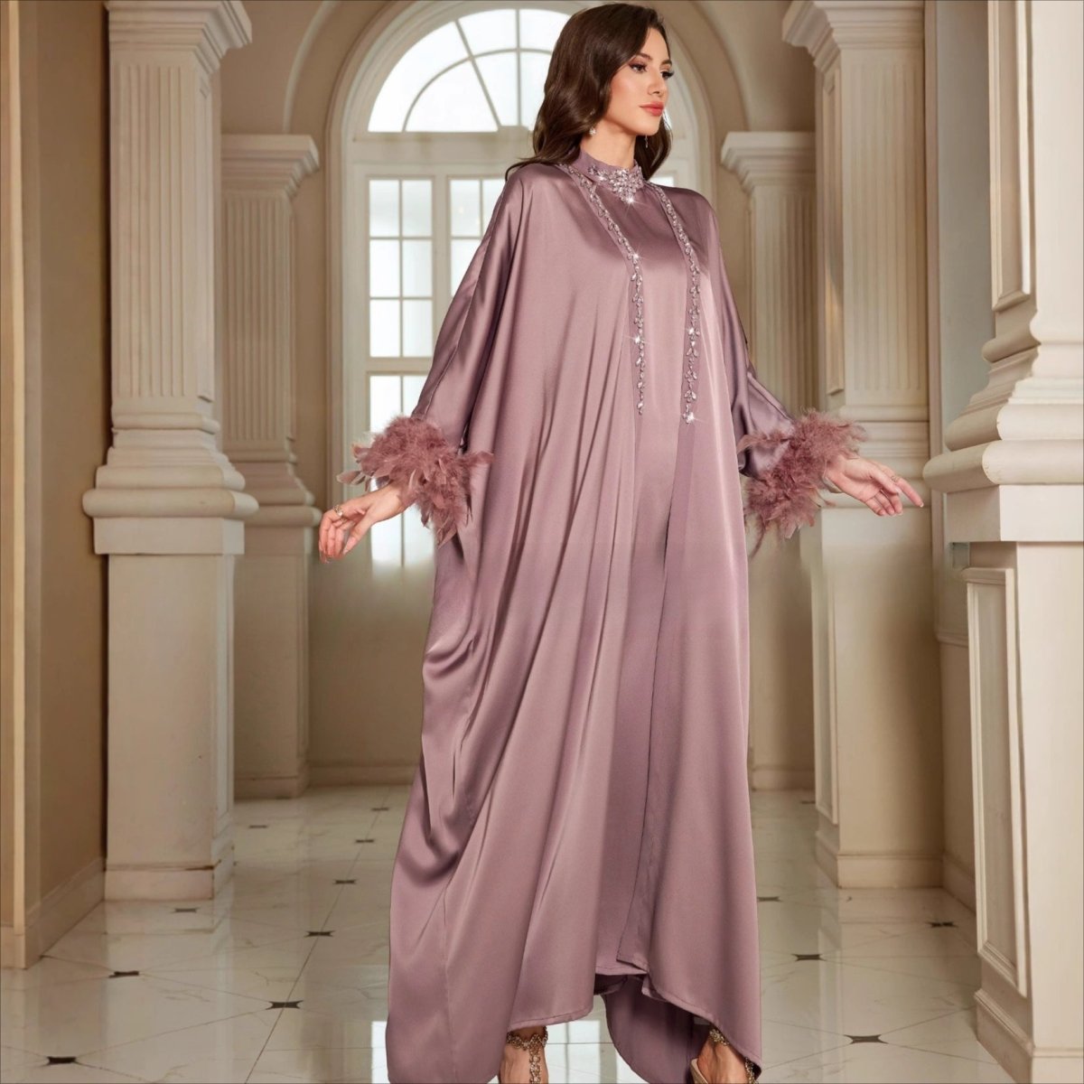 Luxe Satin Halter Dress & Feather Trim Cape Set(MOA250) - Mariam's Collection