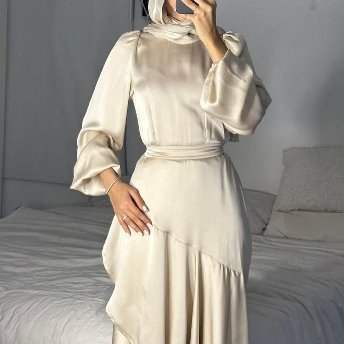 Luxe Satin Ruffle Hem Maxi Dress | Elastic Cuff Belted Abaya(MS187) - Mariam's Collection