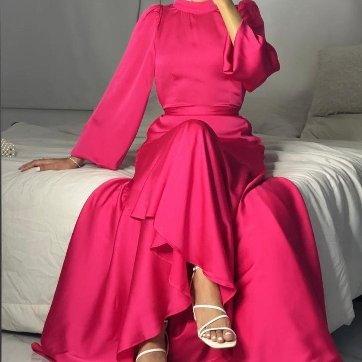 satin frill hem dress Blue MissPap Satin Frill Hem Hater Neck Maxi Dress