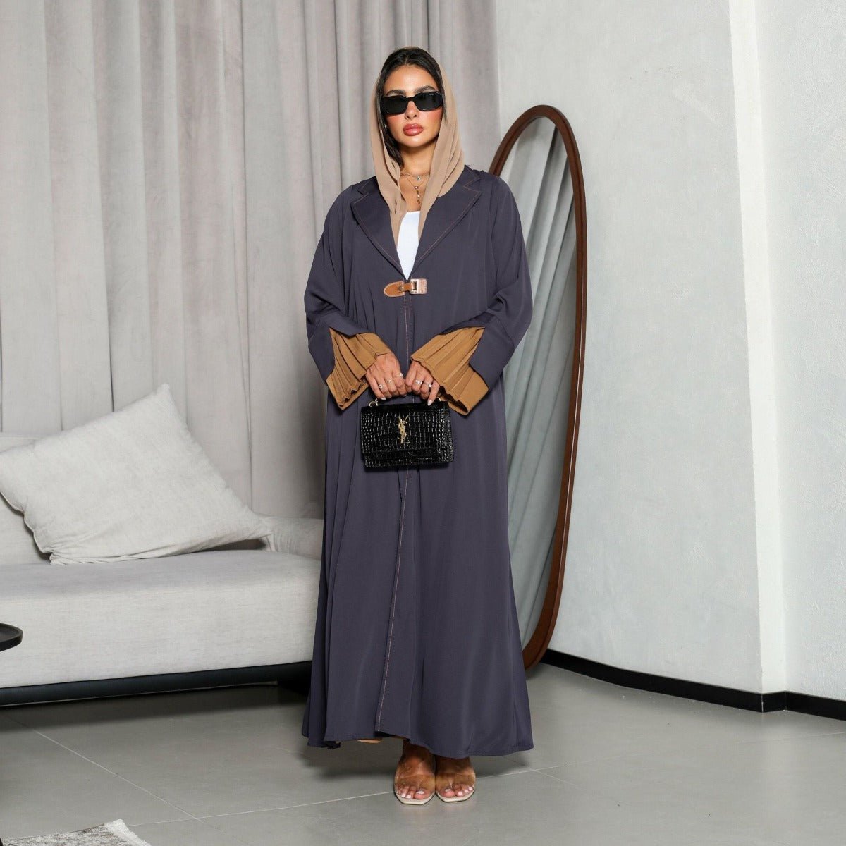 Luxe Suede Robe Dress | Navy Blue Maxi with Gold Accents & Bell Sleeves(MOA200) - Mariam's Collection