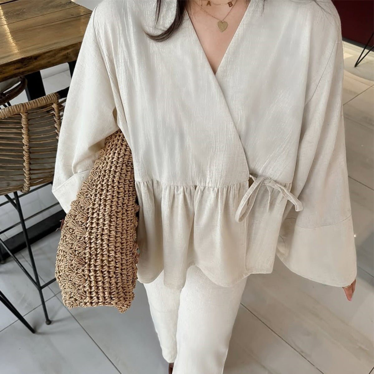 Luxe Two - Piece Set | Modest Fashion V - Neck Lace - Up Top & Wide Leg Pants. (MS094) - Mariam's Collection