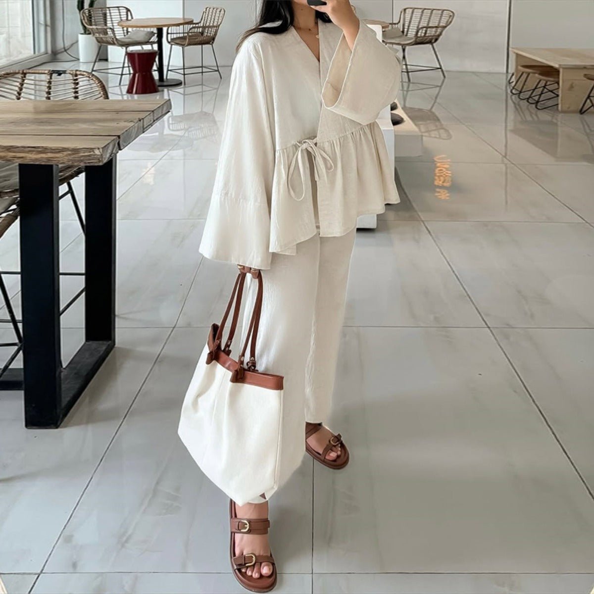 Luxe Two - Piece Set | Modest Fashion V - Neck Lace - Up Top & Wide Leg Pants. (MS094) - Mariam's Collection