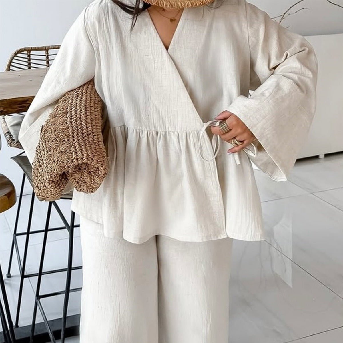 Luxe Two - Piece Set | Modest Fashion V - Neck Lace - Up Top & Wide Leg Pants. (MS094) - Mariam's Collection