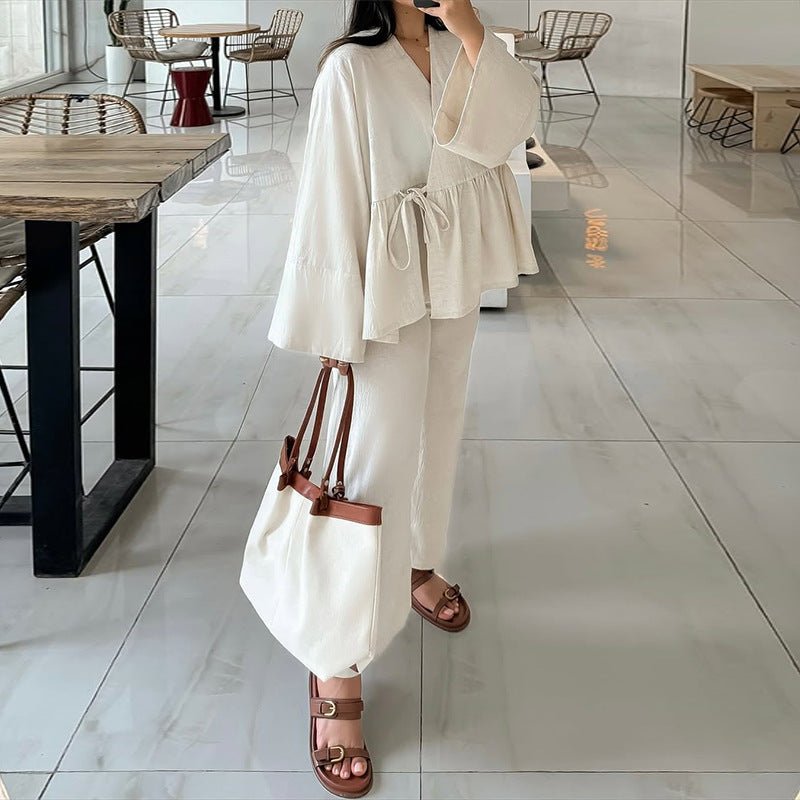 Luxe Two - Piece Set | Modest Fashion V - Neck Lace - Up Top & Wide Leg Pants. (MS094) - Mariam's Collection