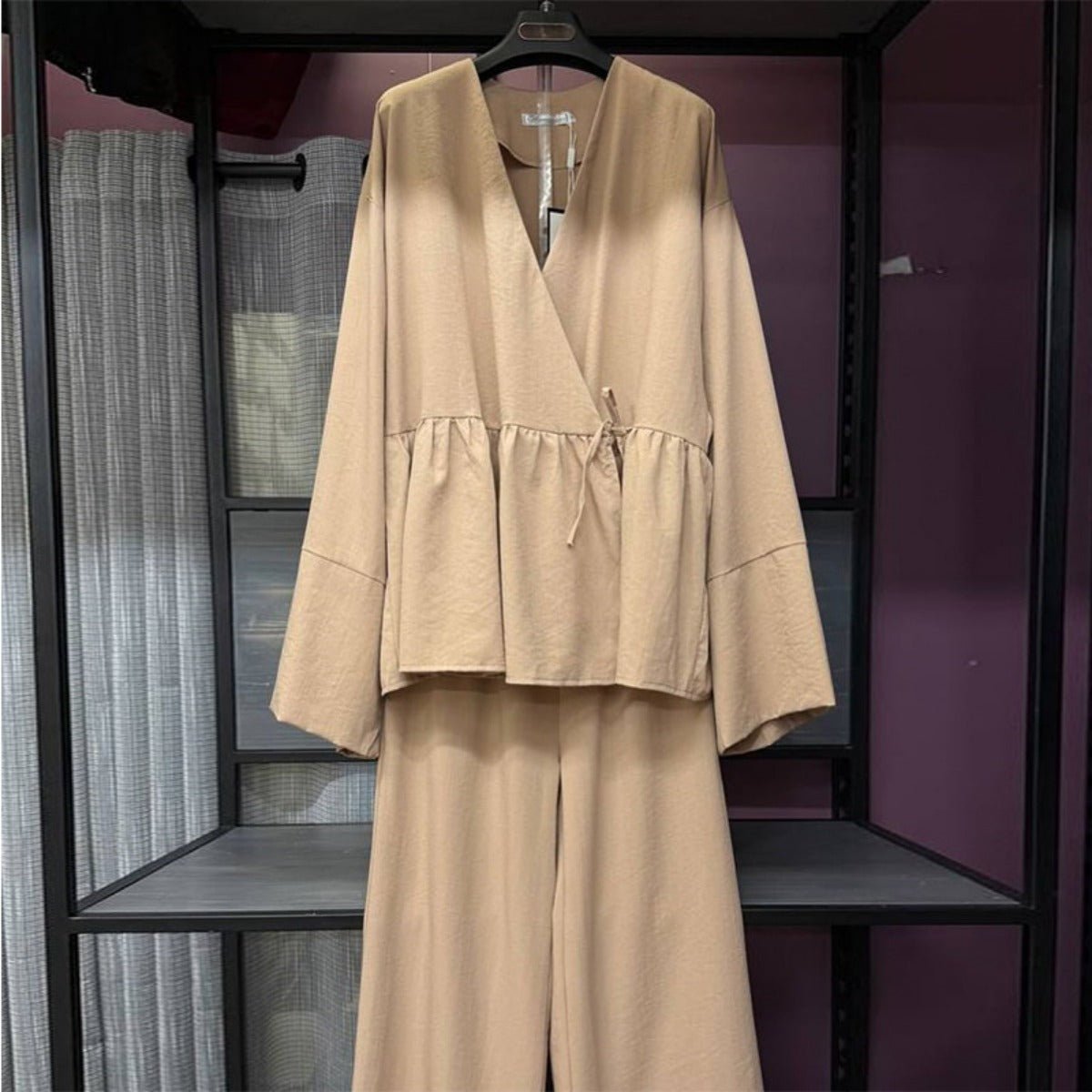 Luxe Two - Piece Set | Modest Fashion V - Neck Lace - Up Top & Wide Leg Pants. (MS094) - Mariam's Collection