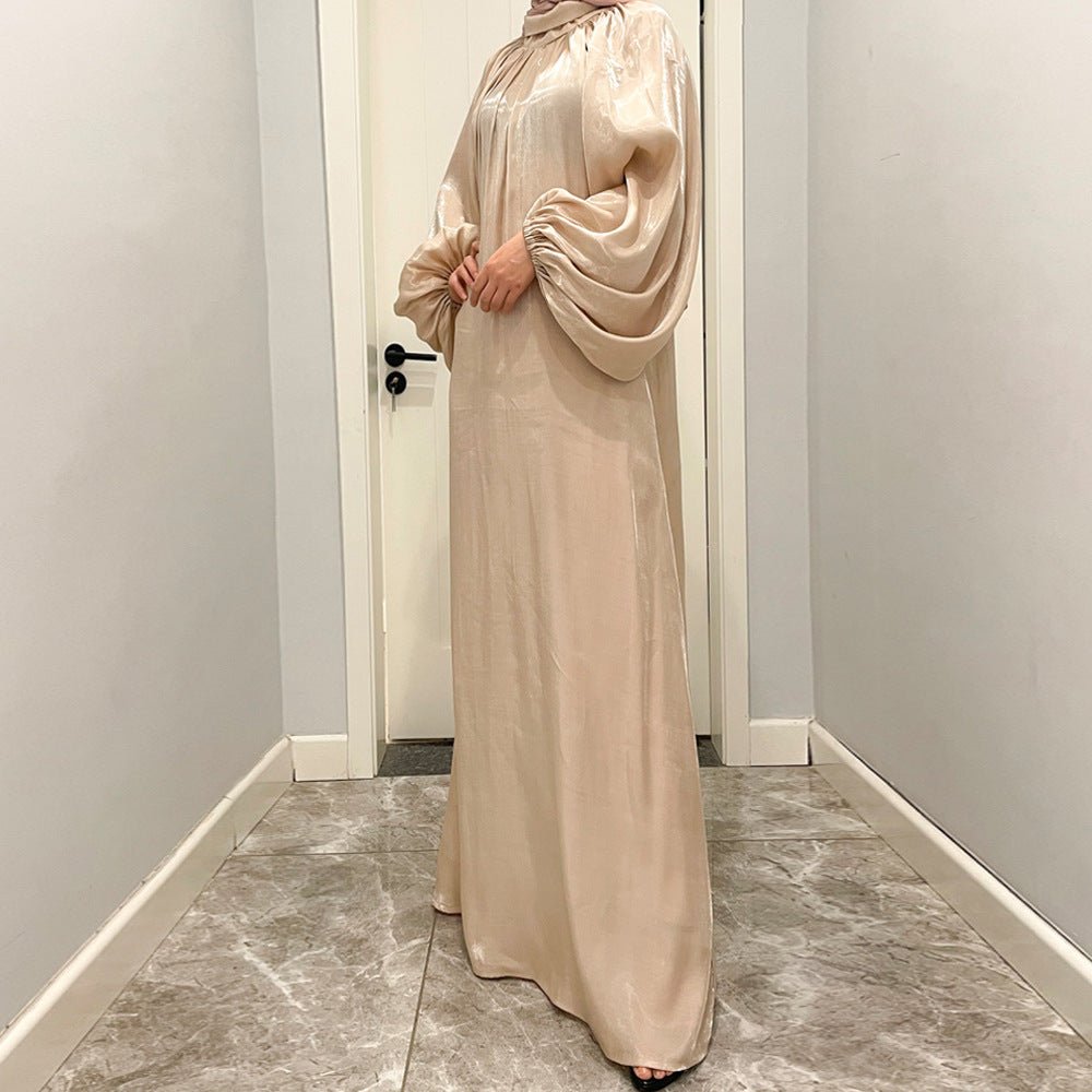 Luxurious Shimmer Abaya with Lantern Sleeves | Stand Collar Back Tie Maxi Dress(MA324) - Mariam's Collection