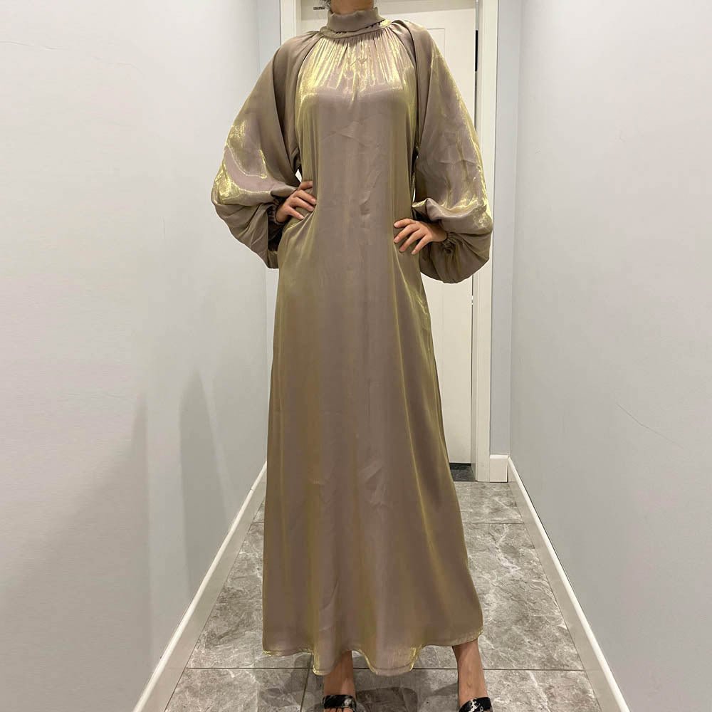 Luxurious Shimmer Abaya with Lantern Sleeves | Stand Collar Back Tie Maxi Dress(MA324) - Mariam's Collection