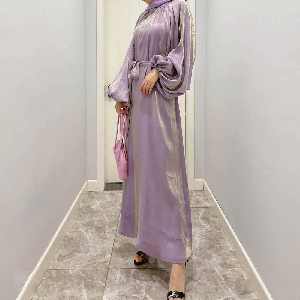 Luxurious Shimmer Abaya with Lantern Sleeves | Stand Collar Back Tie Maxi Dress(MA324) - Mariam's Collection