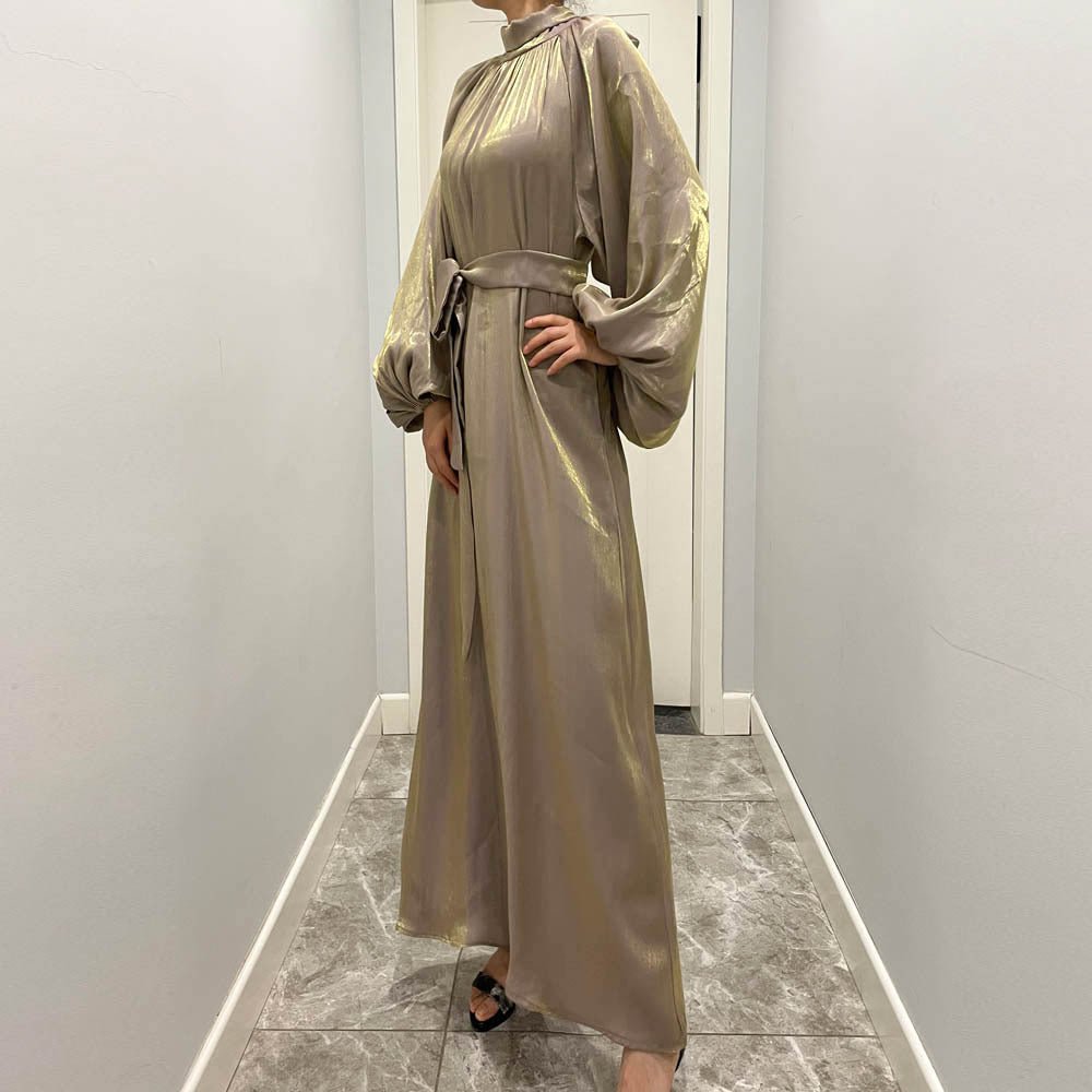 Luxurious Shimmer Abaya with Lantern Sleeves | Stand Collar Back Tie Maxi Dress(MA324) - Mariam's Collection
