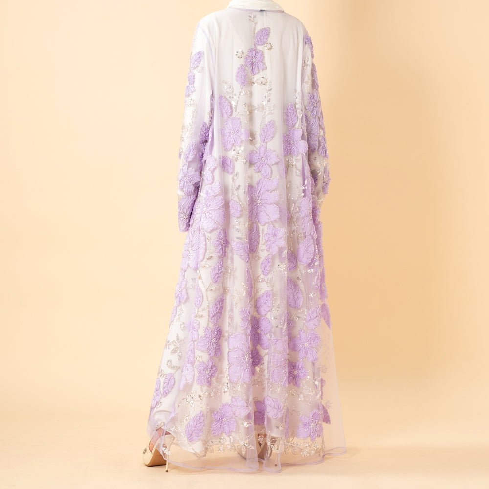 Full-length front view of lavender beaded mesh open abaya