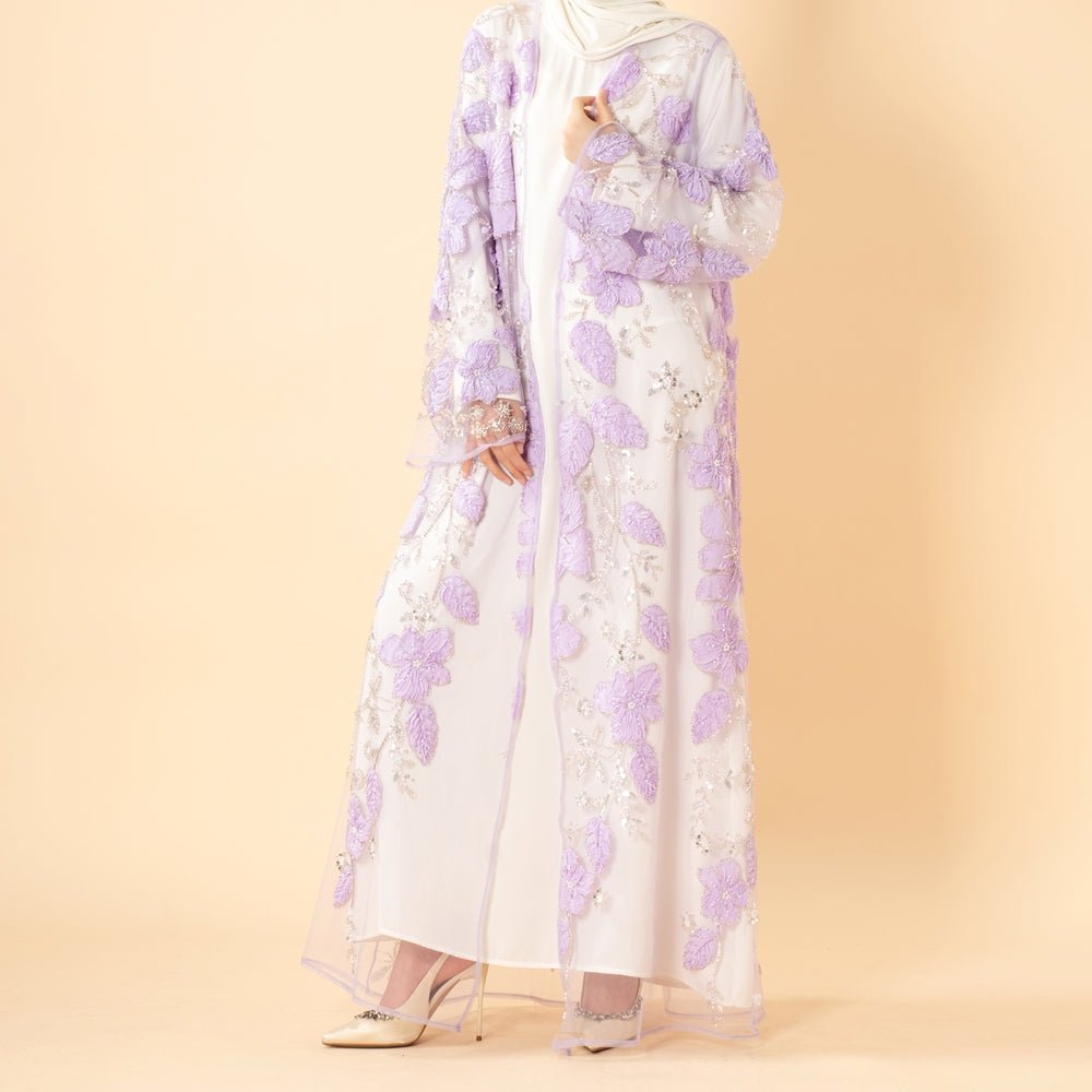Luxury Beaded Mesh Open Abaya – Lavender Occasion Abaya