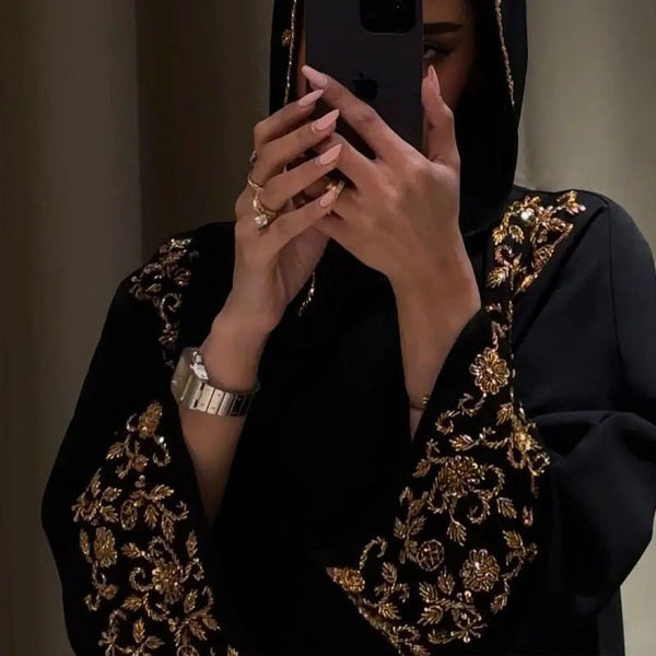 Luxury black embroidered diamond 3-piece abaya set with hijab - formal black abaya