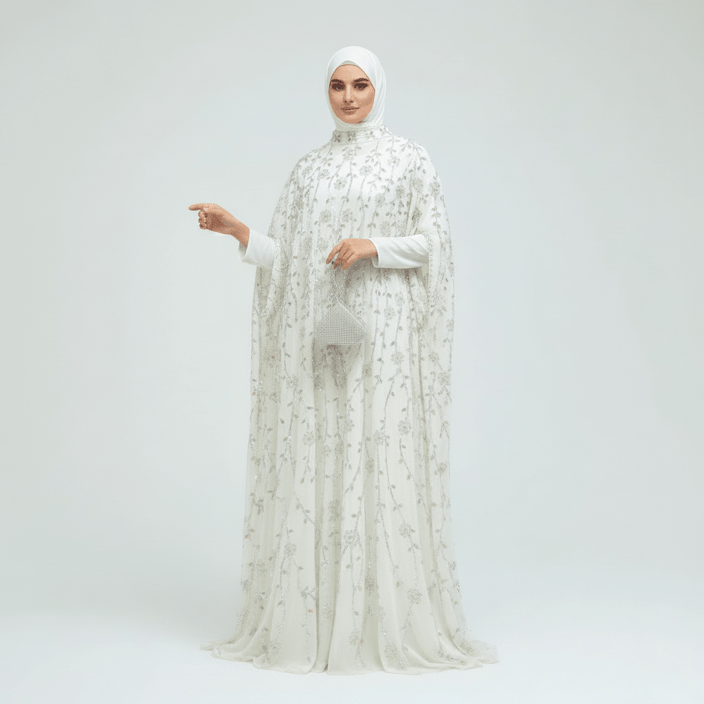 Luxury Crystal Embellished Cape Abaya Set with Modal Inner Dress (MA390) - Mariam's Collection