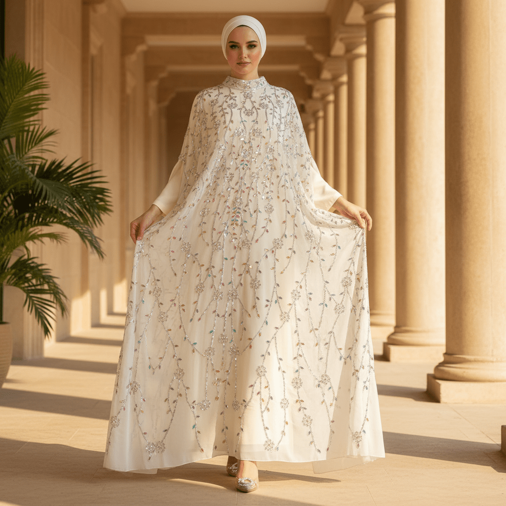 Luxury Crystal Embellished Cape Abaya Set with Modal Inner Dress (MA390) - Mariam's Collection