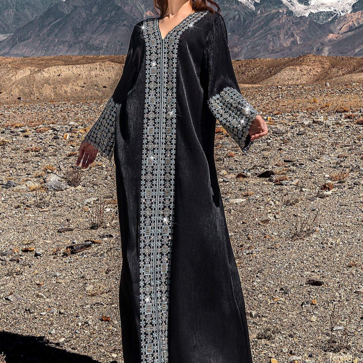 Luxury Crystal & Pearl Embellished Abaya | V - Neck Nida Crepe Maxi Dress(MA343) - Mariam's Collection