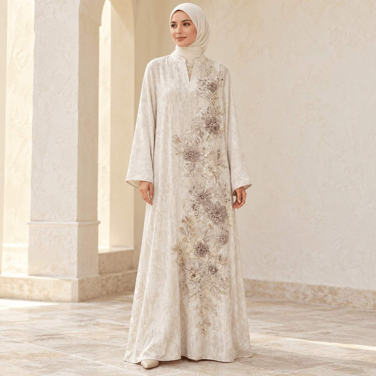 Luxury Embroidered Beaded Abaya | 3D Floral Sequin Evening Gown(MA477) - Mariam's Collection