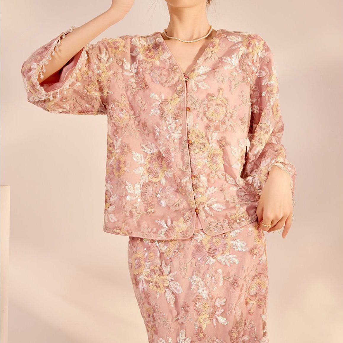Luxury Embroidered Floral Jacket & Skirt Set(MS307) - Mariam's Collection