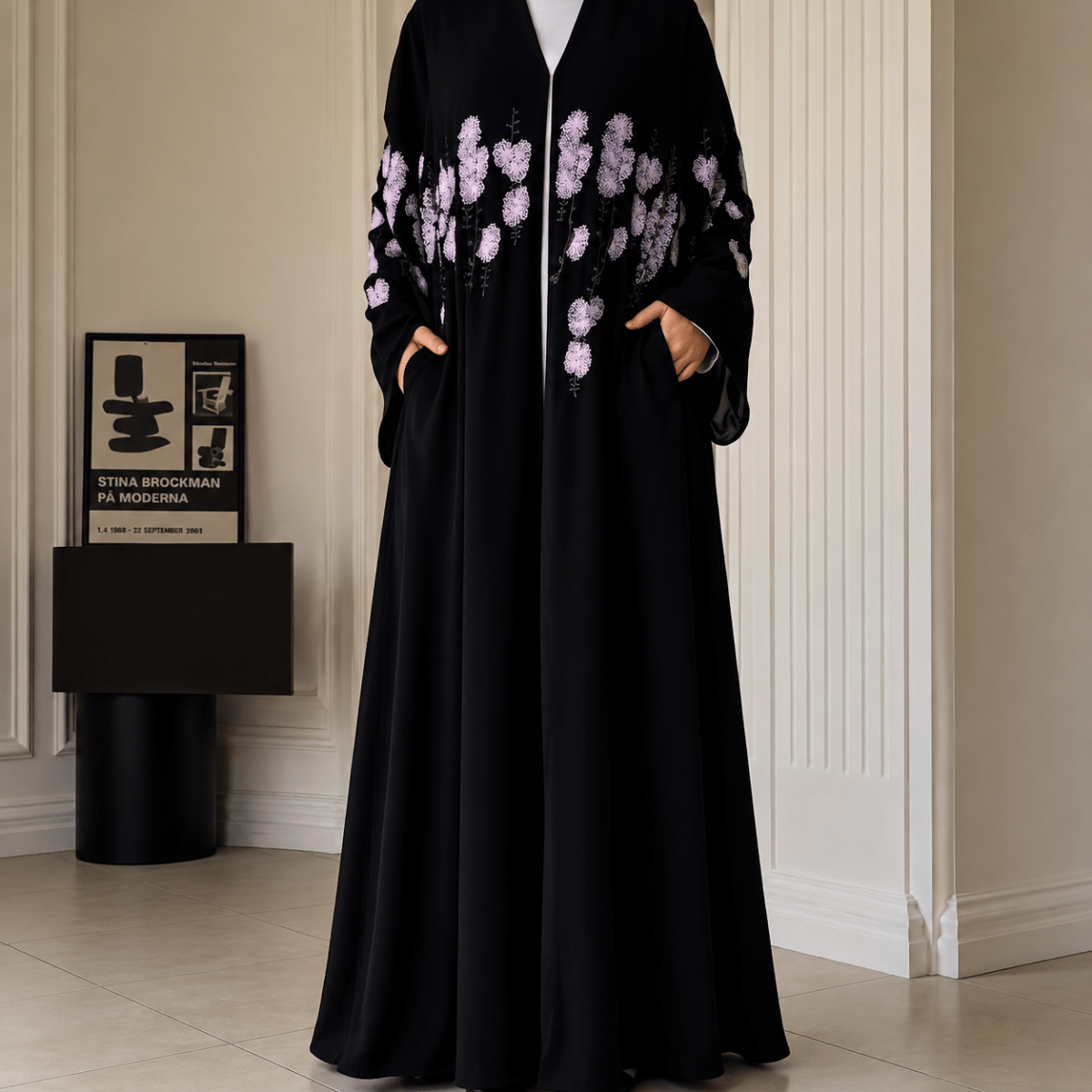 Luxury Floral Embroidered Double-Layer Chiffon Open Abaya(MOA308) - Mariam's Collection