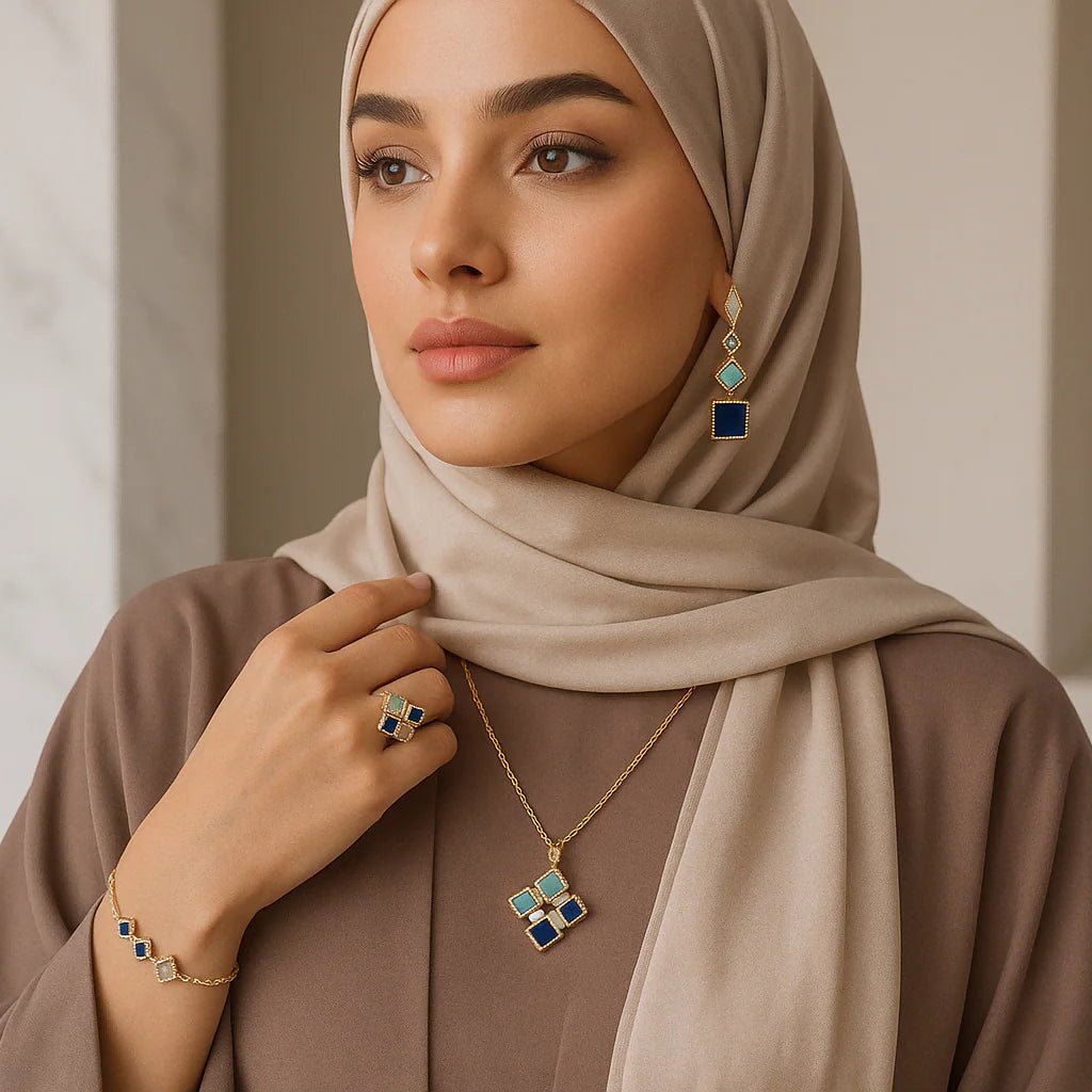 Luxury Islamic Accessories Geometric Gemstone Jewelry 4 - Piece Set – Necklace, Ring, Earrings & Bracelet(MAC253) - Mariam's Collection