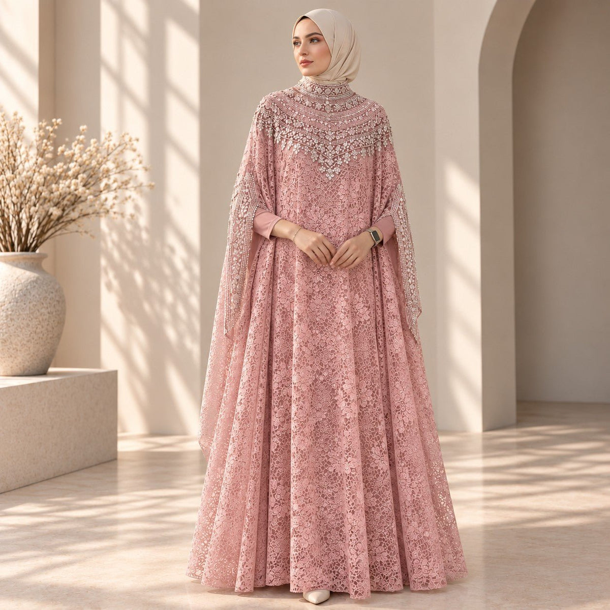 Luxury Lace Beaded Abaya Dress | Wedding & Nikah Occasion Gown (MA470) - Mariam's Collection