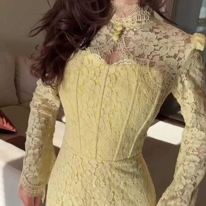 Luxury Lace Dress with Bell Sleeves(MS339) - Mariam's Collection