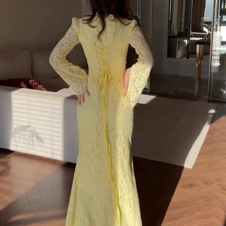 Luxury Lace Dress with Bell Sleeves(MS339) - Mariam's Collection