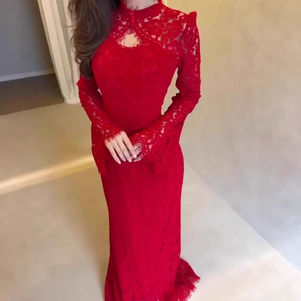 Luxury Lace Dress with Bell Sleeves(MS339) - Mariam's Collection