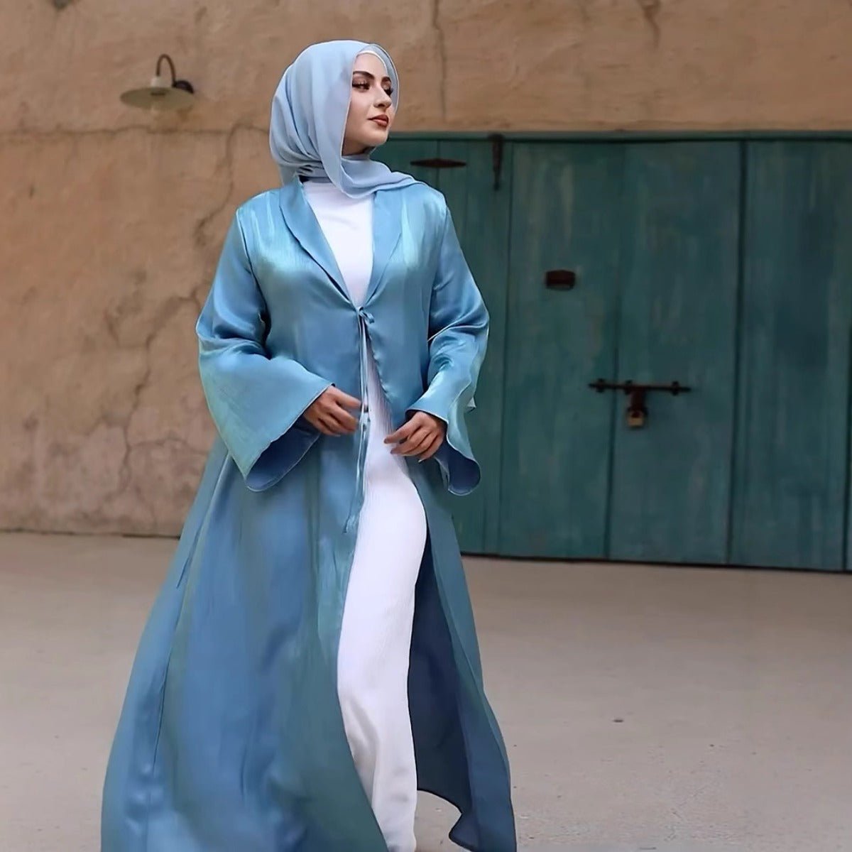 Luxury Modest Desert Mirage Cardigan Abaya | Blue - Green Long Robe with Bell Sleeves(MOA204) - Mariam's Collection