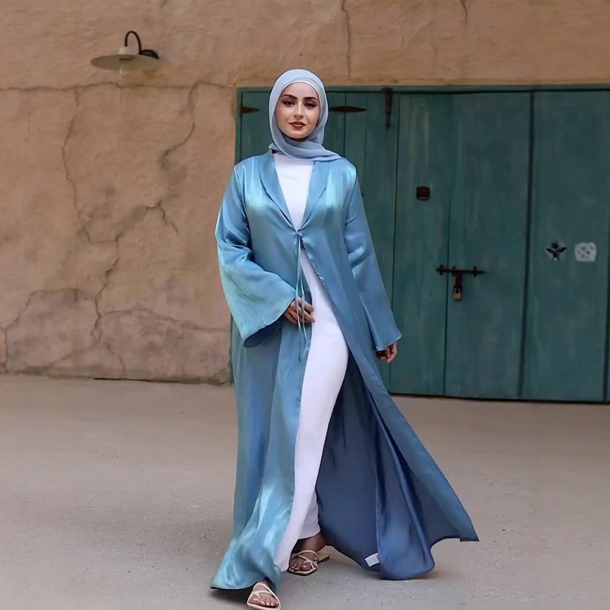 Luxury Modest Desert Mirage Cardigan Abaya | Blue - Green Long Robe with Bell Sleeves(MOA204) - Mariam's Collection