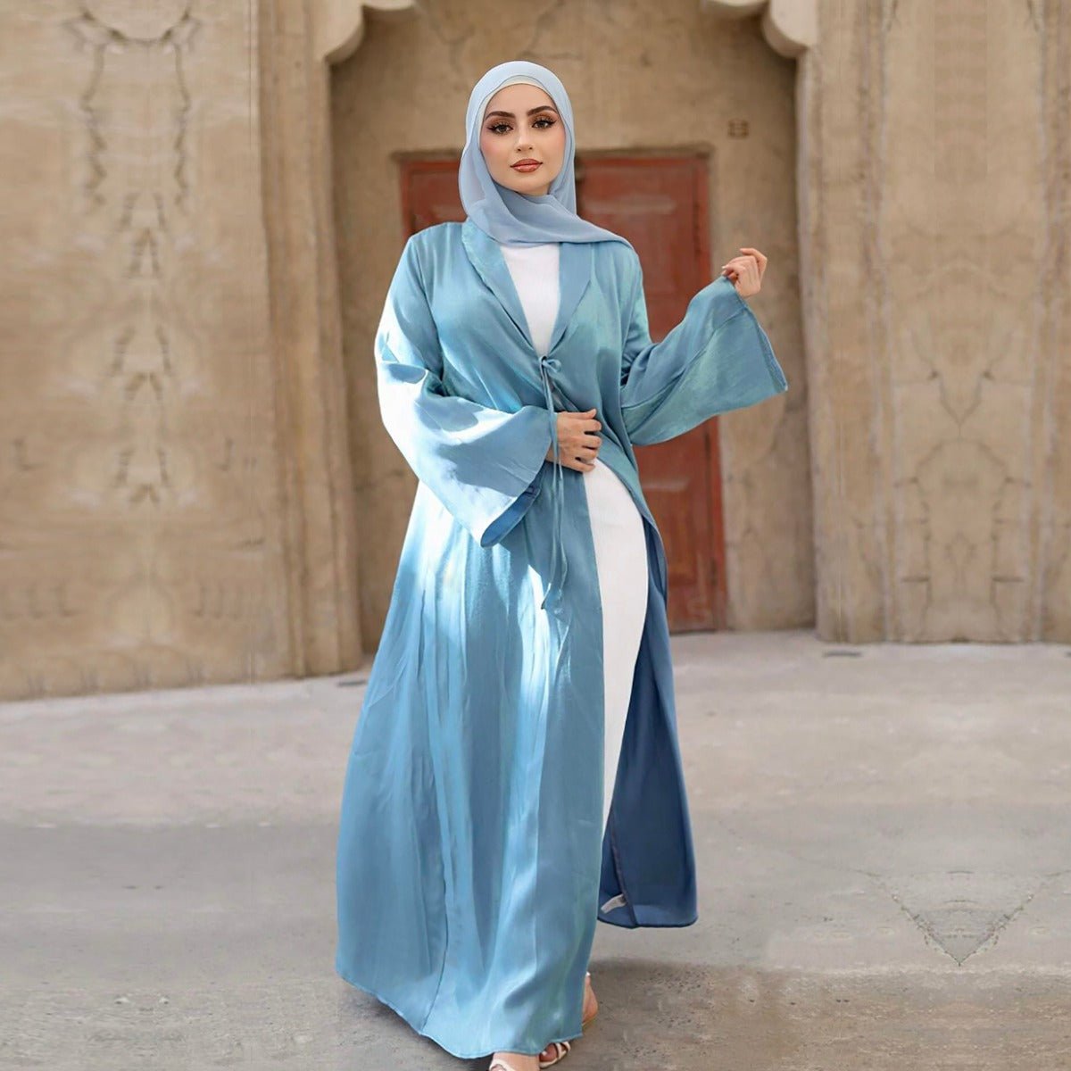 Luxury Modest Desert Mirage Cardigan Abaya | Blue - Green Long Robe with Bell Sleeves(MOA204) - Mariam's Collection