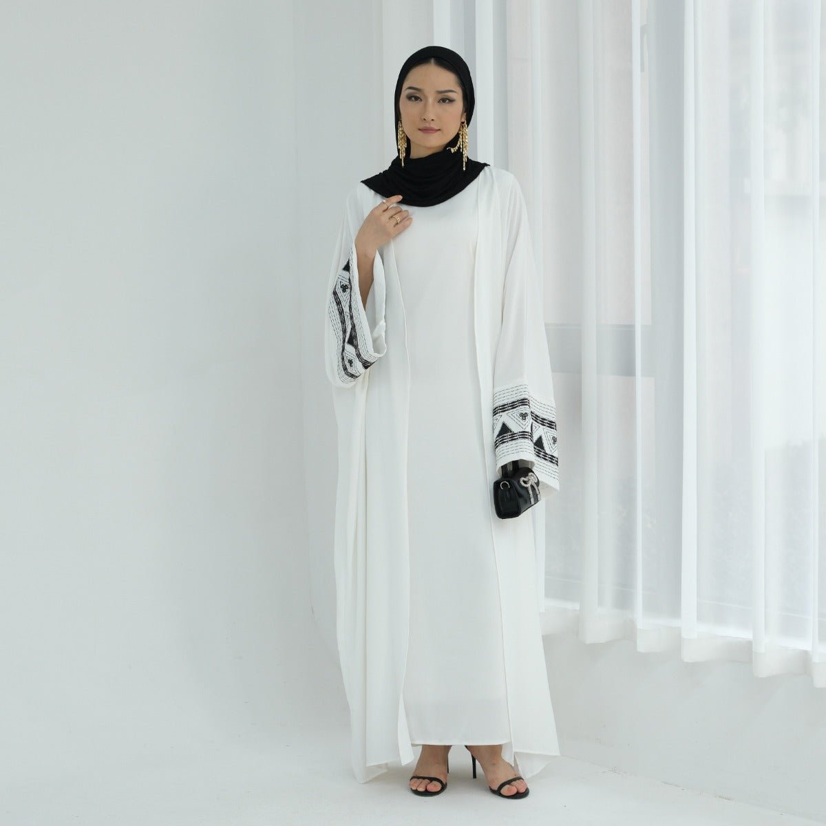 Luxury Muslim Embroidered Bell Sleeve Abaya | White Modest Robe with Black Geometric Embroidery. (MOA171) - Mariam's Collection