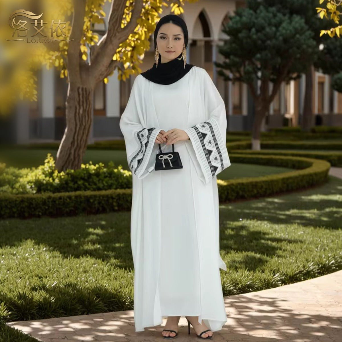 Luxury Muslim Embroidered Bell Sleeve Abaya | White Modest Robe with Black Geometric Embroidery. (MOA171) - Mariam's Collection