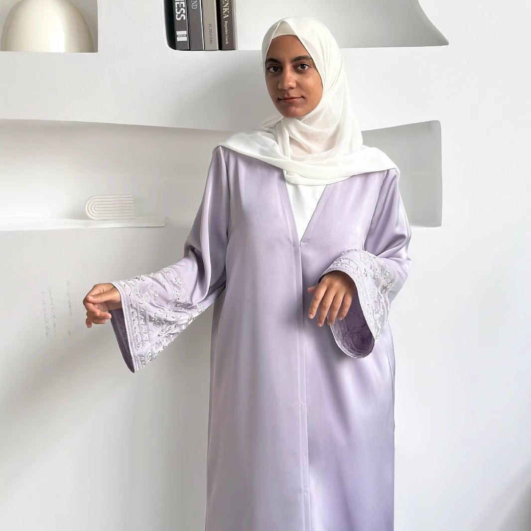 Luxury Muslim Evening Wear Beaded Abaya Collection | Lavender & Pink Embroidered Robe with Pearl Detailing. (MOA192) - Mariam's Collection
